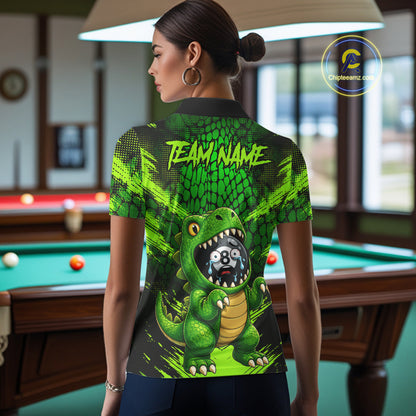 Female model wearing Funny Alligator billiard polo, wildlife cue sports apparel, outdoor lifestyle, personalized team uniform