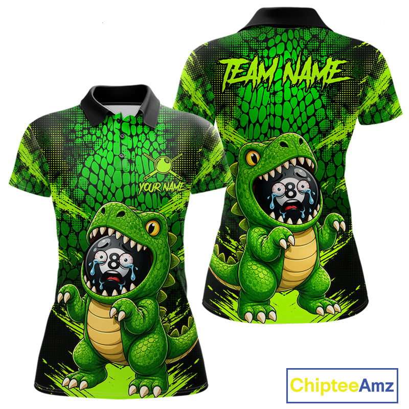 Custom Green Paint Alligator Women's Billiard Polo Shirt, Funny Alligator 8 Ball Pool Team Jersey, Personalized Cue Sports Apparel, Wildlife Theme
