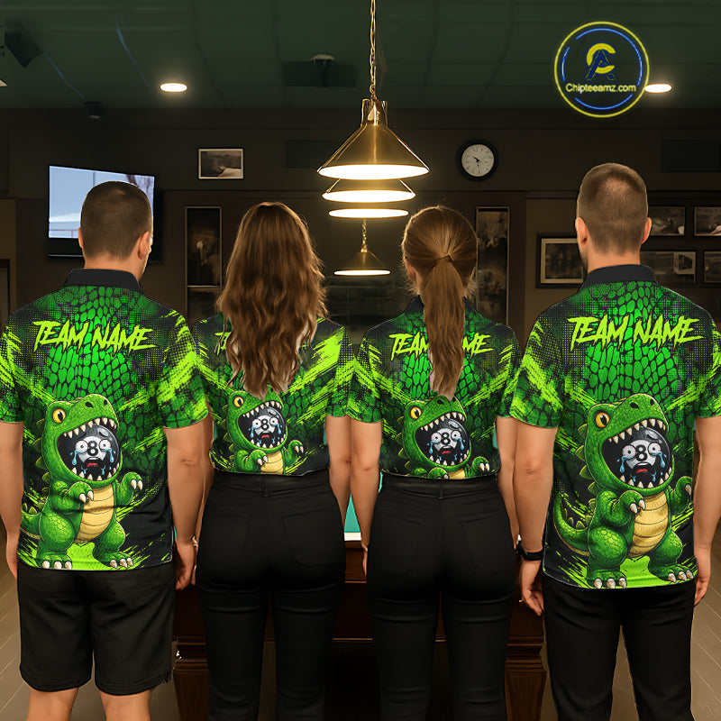 Pool team wearing matching Funny Alligator billiard jerseys, personalized league uniforms, wildlife lovers, fishing, hunting, bowling, darts & pickleball crossover