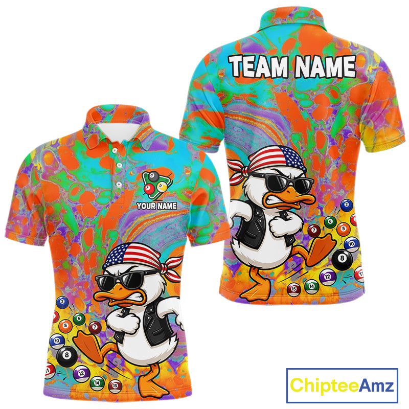Colorful Splatter Funny Duck Men's Billiard Polo Shirt, Personalized Duck Pool League Jersey