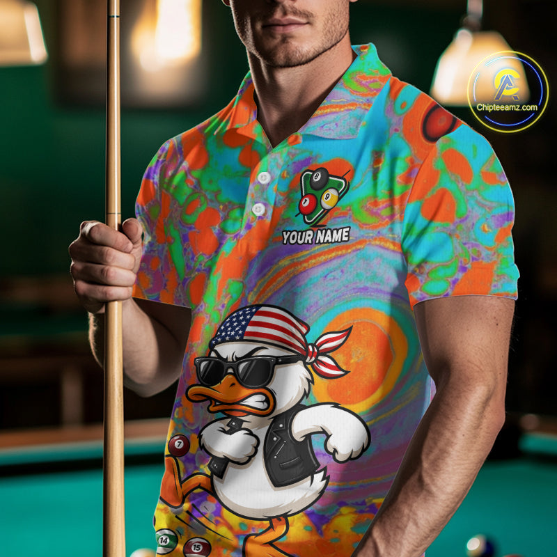 Male model wearing Funny Duck billiard polo during league competition, custom team jersey