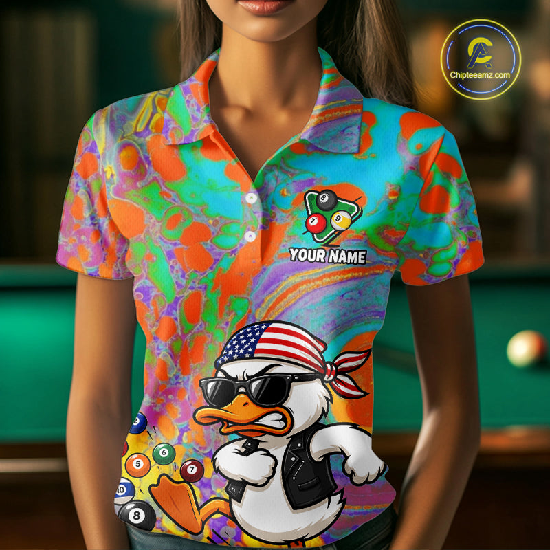 Female model wearing Funny Duck billiard polo, colorful cue sports fashion, personalized tournament apparel