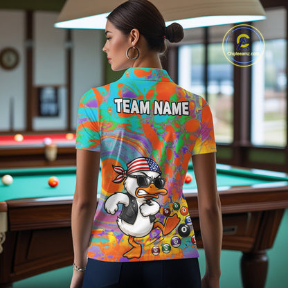 Female model wearing Funny Duck billiard polo, colorful cue sports fashion, personalized tournament apparel