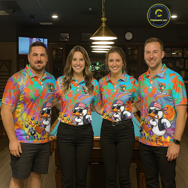 Pool team wearing matching Funny Duck billiard jerseys, personalized team name uniforms, waterfowl lovers, outdoor lifestyle, bowling, golf & darts crossover