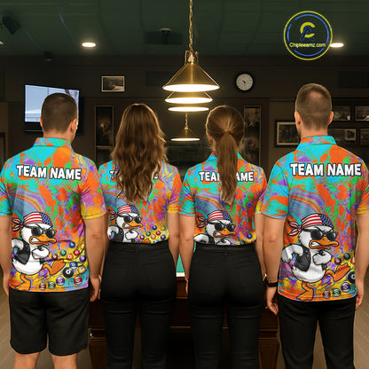 Pool team wearing matching Funny Duck billiard jerseys, personalized team name uniforms, waterfowl lovers, outdoor lifestyle, bowling, golf & darts crossover