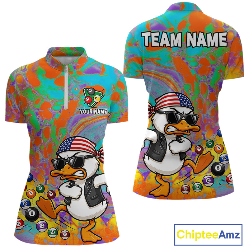 Colorful Duck Women's Quarter-Zip Billiard Shirt, Personalized Pool Tournament Jersey