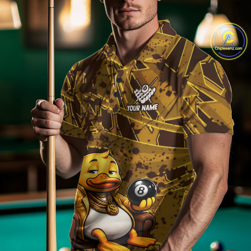 Male model wearing Brown Yellow Duck pool polo, fun league uniform, custom billiards jersey