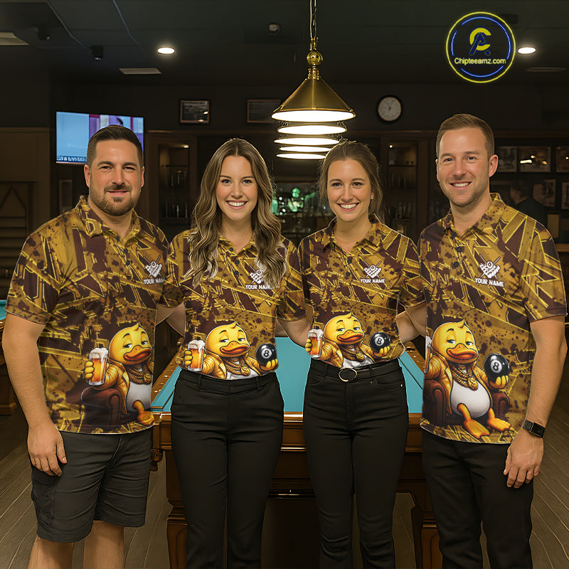 Pool team wearing matching Brown Yellow Duck jerseys, personalized team uniforms, duck hunting, outdoor recreation, bowling, fishing & golf crossover
