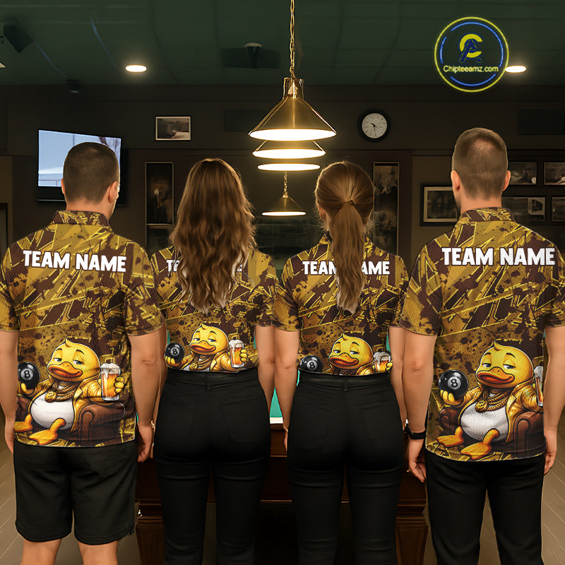 Pool team wearing matching Brown Yellow Duck jerseys, personalized team uniforms, duck hunting, outdoor recreation, bowling, fishing & golf crossover