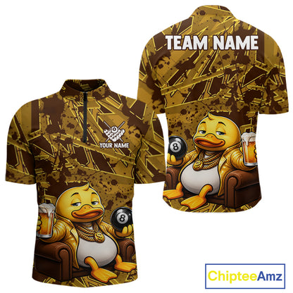 Brown Yellow Duck Men's Quarter-Zip Billiard Shirt, Funny Pool Team Apparel