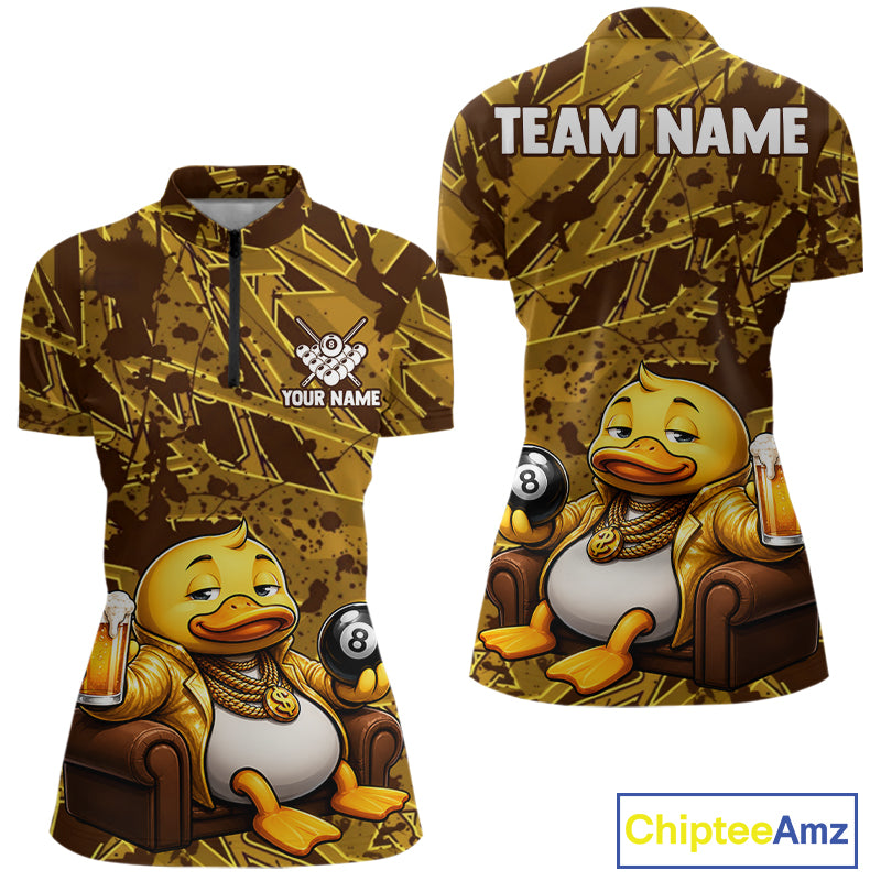 Brown Yellow Duck Women's Quarter-Zip Pool Shirt, Personalized Funny Tournament Jersey