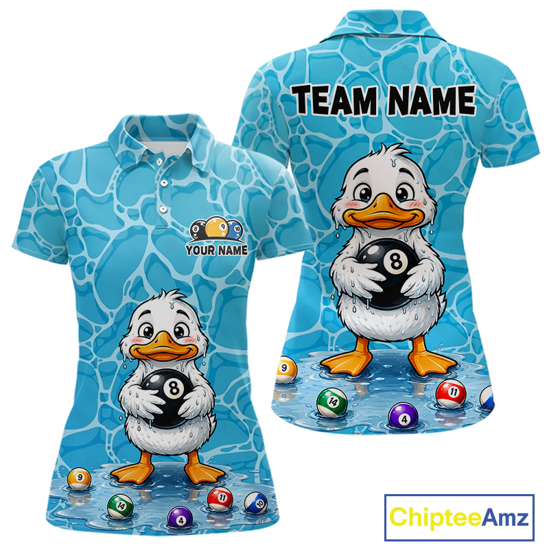 Funny Blue Wet Duck Women's Billiard Polo Shirt, Personalized 8 Ball Pool Team Jersey, Cartoon Water Duck Cue Sports Apparel