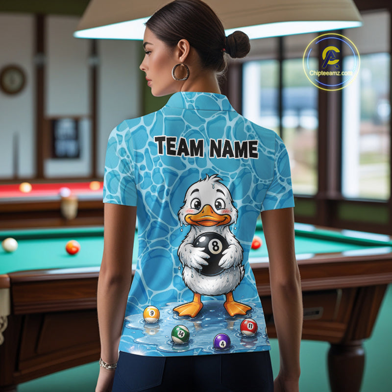 Female model wearing Blue Wet Duck billiard polo, personalized funny pool apparel, colorful tournament style