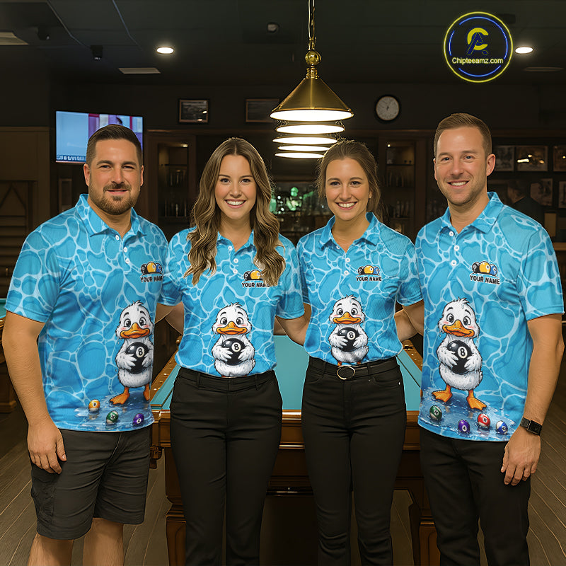 Pool team wearing matching Blue Wet Duck billiard jerseys, personalized league uniforms, outdoor fun, waterfowl lovers, bowling, darts & pickleball crossover