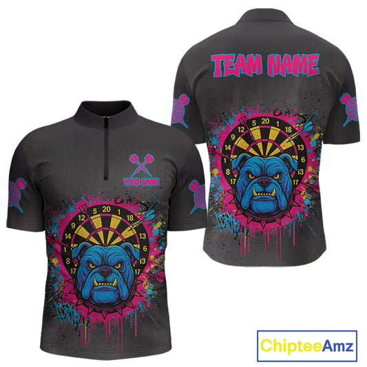 Custom Funny Bulldog Colorful Dartboard Darts Quarter-Zip Shirt For Men Splatter Dart Jerseys NYN1826