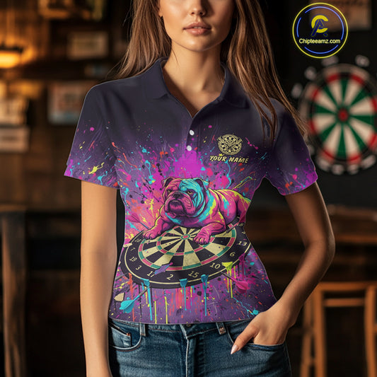 Custom Purple Bulldog Splatter Dartboard Women Darts Polo Shirt Funny Colorful Dart Jerseys NYN1828