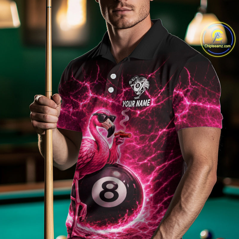 Thunder Pink Funny Flamingo Smokes Pool 8 Ball Men Billiard Shirt Custom Ball Billiard Team Attire NYN2612