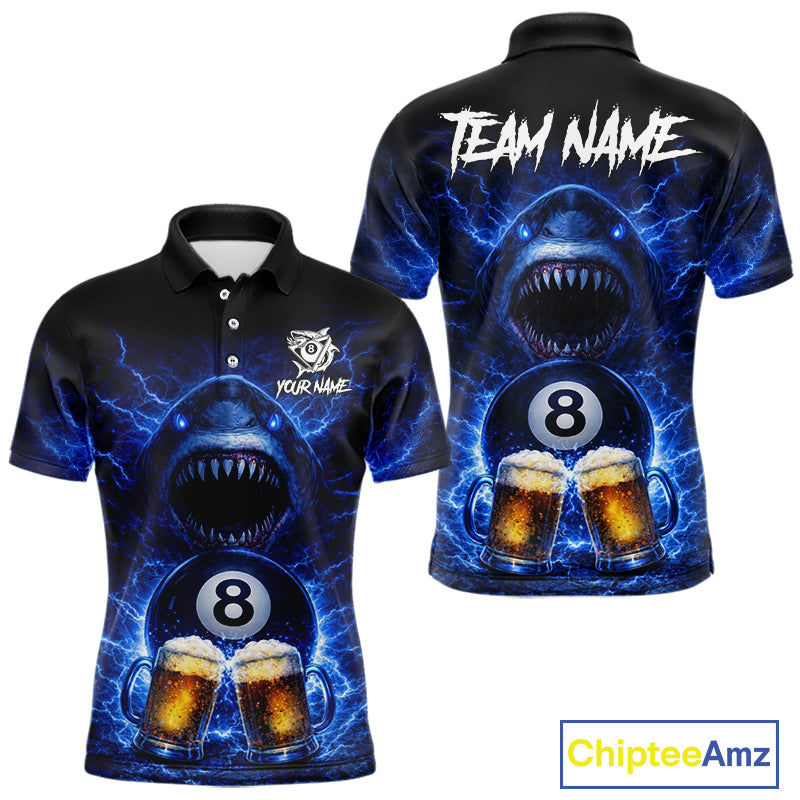 Blue Funny Lightning Shark Cheer Beers Pool 8 Ball Men Billiard Shirt Custom Ball Billiard Attire NYN2613