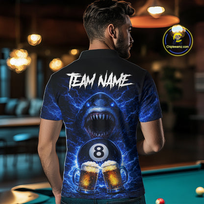 Blue Funny Lightning Shark Cheer Beers Pool 8 Ball Men Billiard Shirt Custom Ball Billiard Attire NYN2613
