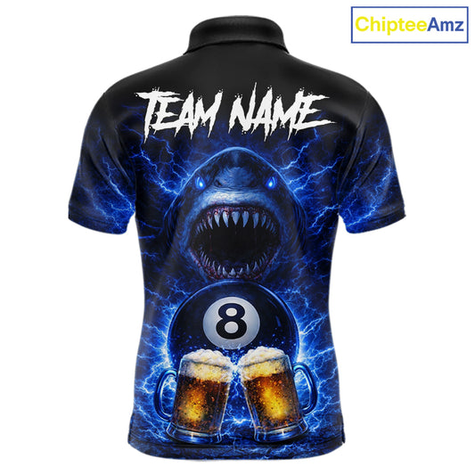 Blue Funny Lightning Shark Cheer Beers Pool 8 Ball Men Billiard Shirt Custom Ball Billiard Attire NYN2613