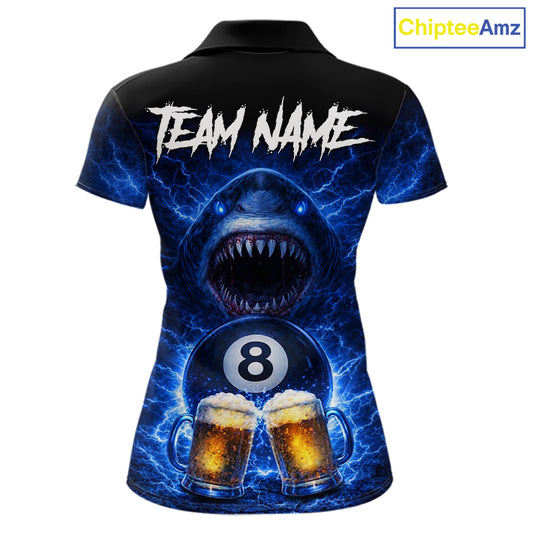 Blue Funny Lightning Shark Cheer Beers Pool 8 Ball Women Billiard Shirt Custom Ball Billiard Attire NYN2613