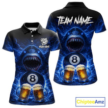 Load image into Gallery viewer, Blue Funny Lightning Shark Cheer Beers Pool 8 Ball Women Billiard Shirt Custom Ball Billiard Attire NYN2613