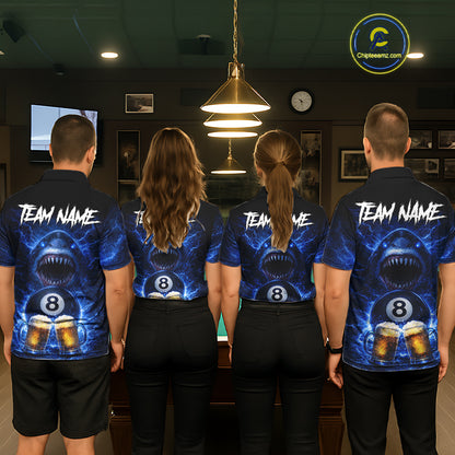 Blue Funny Lightning Shark Cheer Beers Pool 8 Ball Men Billiard Shirt Custom Ball Billiard Attire NYN2613