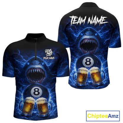 Blue Funny Lightning Shark Cheer Beers Pool 8 Ball Men Billiard Shirt Custom Ball Billiard Attire NYN2613