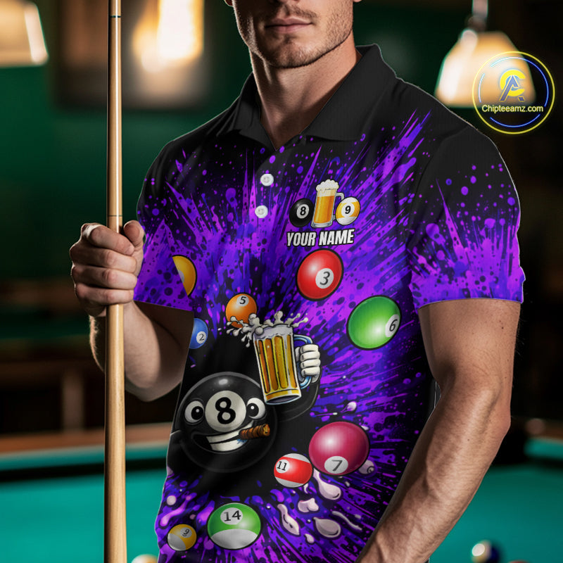 Purple Splatter Paint Pool 8 Ball Billiard Shirt For Men Custom Funny Beer 8 Ball Billiard Attire NYN2615