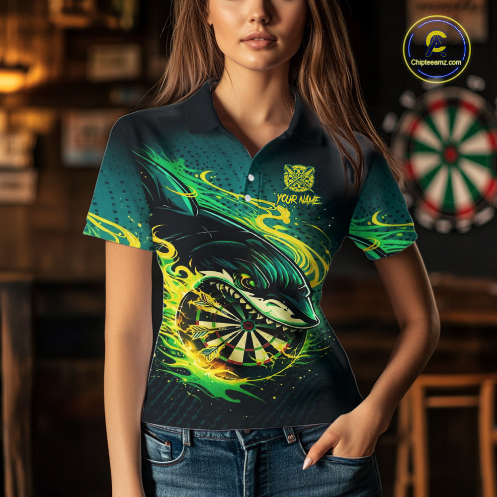 Green Splatter Paint Shark Dartboard & Arrow Women Darts Polo Shirt Custom Darts Team Jersey NYN2616