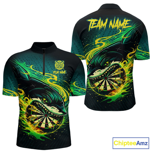 Green Splatter Paint Shark Dartboard & Arrow Men Darts Quarter-Zip Shirt Custom Darts Team Jersey NYN2616