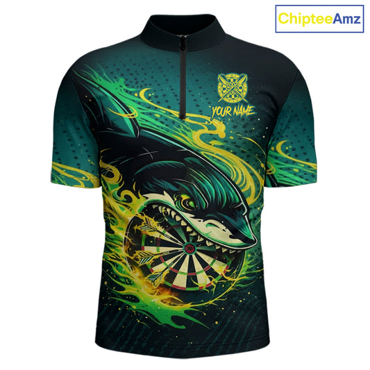 Green Splatter Paint Shark Dartboard & Arrow Men Darts Quarter-Zip Shirt Custom Darts Team Jersey NYN2616