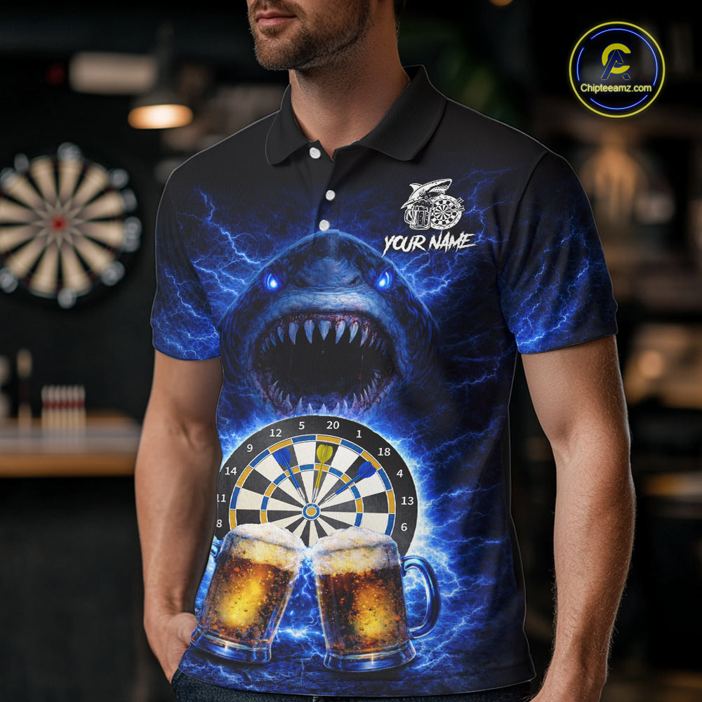 Blue Horror Shark Cheer Beer & Dartboard Men Darts Polo Shirt Custom Funny Dart Team Jersey NYN2617
