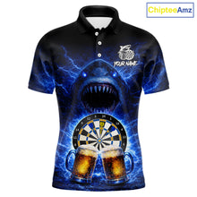 Load image into Gallery viewer, Blue Horror Shark Cheer Beer &amp; Dartboard Men Darts Polo Shirt Custom Funny Dart Team Jersey NYN2617