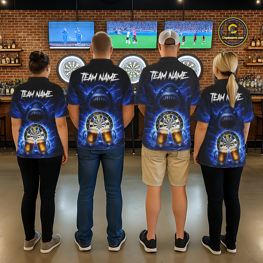 Blue Horror Shark Cheer Beer & Dartboard Men Darts Polo Shirt Custom Funny Dart Team Jersey NYN2617