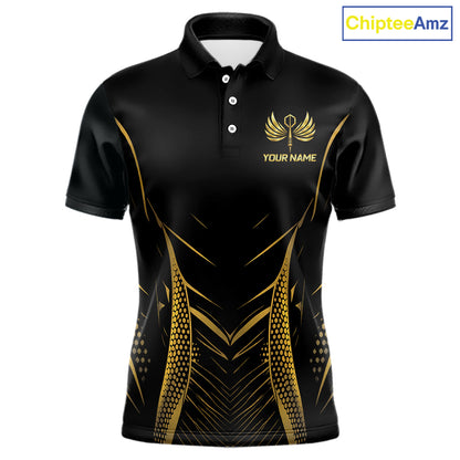 Personalized Black And Gold Wings Dart Arrow Men Darts Polo Shirt Custom Dart Team Jersey NYN2619