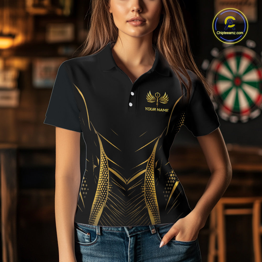 Personalized Black And Gold Wings Dart Arrow Women Darts Polo Shirt Custom Dart Team Jersey NYN2619