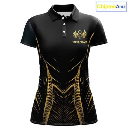 Personalized Black And Gold Wings Dart Arrow Women Darts Polo Shirt Custom Dart Team Jersey NYN2619