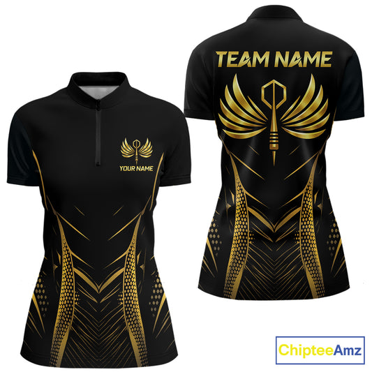 Personalized Black And Gold Wings Dart Arrow Women Darts Quarter-Zip Shirt Custom Dart Team Jersey NYN2619