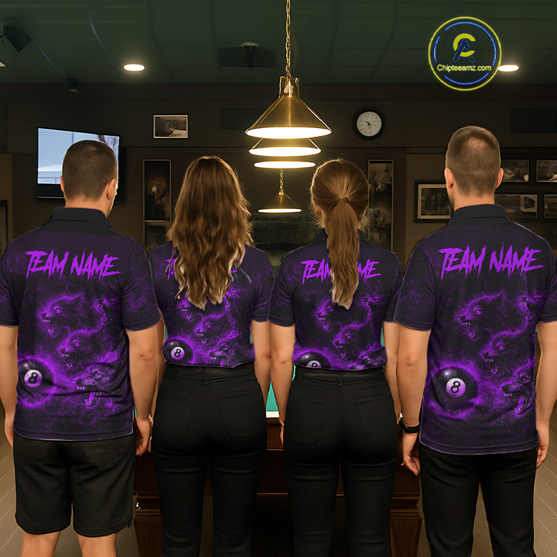 Horror Wolfs Purple Flames Smoke Pool 8 Ball Men Billiard Shirt Custom Ball Billiard Team Attire NYN2621