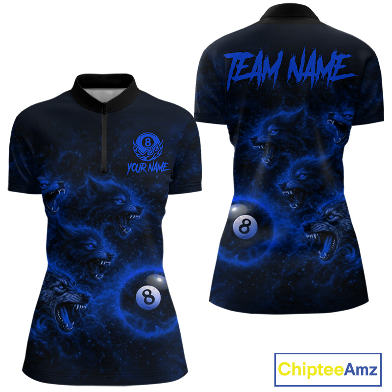 Horror Wolfs Blue Flames Smoke Pool 8 Ball Women Billiard Shirt Custom Ball Billiard Team Attire NYN2622