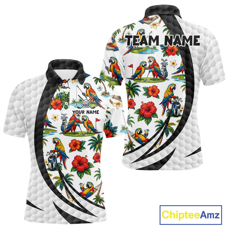 Tropical White And Black Golf Ball Polo Golf Shirts For Men Custom Parrot Golf Team Attire NYN3175