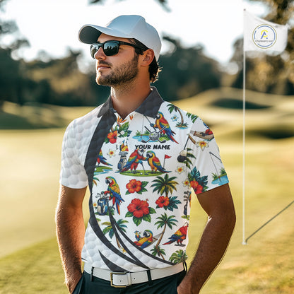 Tropical White And Black Golf Ball Polo Golf Shirts For Men Custom Parrot Golf Team Attire NYN3175