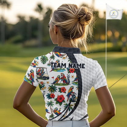 Tropical White And Black Golf Ball Polo Golf Shirts For Women Custom Parrot Golf Team Attire NYN3175