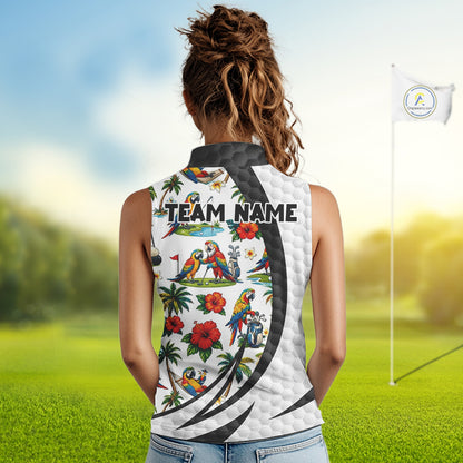Tropical White And Black Golf Ball Sleeveless Polo Golf Shirts For Women Custom Parrot Golf Attire NYN3175