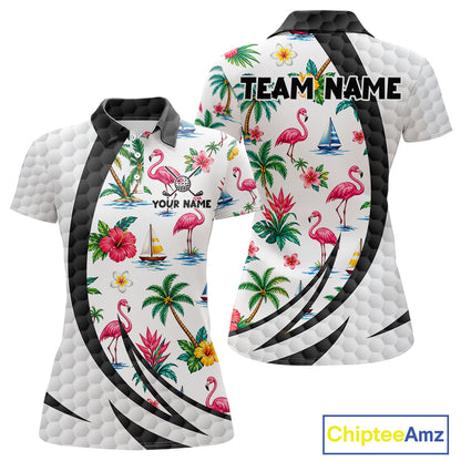 Tropical White And Black Golf Ball Polo Golf Shirts For Women Custom Flamingo Golf Team Attire NYN3176