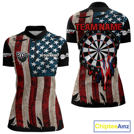 Dripping Dartboard Grunge US Flag Women's Darts Shirt - Custom Name For Dart Players NYN0420