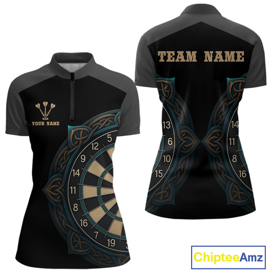 Vintage Blue Gold Celtic Dartboard Women's Darts Shirt - Custom Name For Players NYN0424