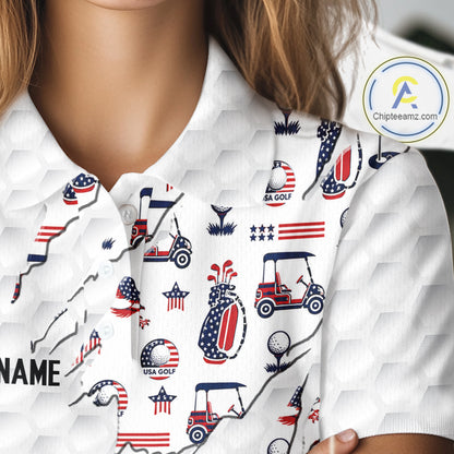 USA Anniversary Womens Golf Polo Shirt Custom White Golf Ball Pattern Patriotic Golf Tops NYN3392
