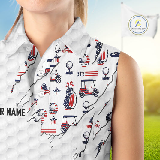 USA 250th anniversary womens golf sleeveless polo white golf ball patriotic top